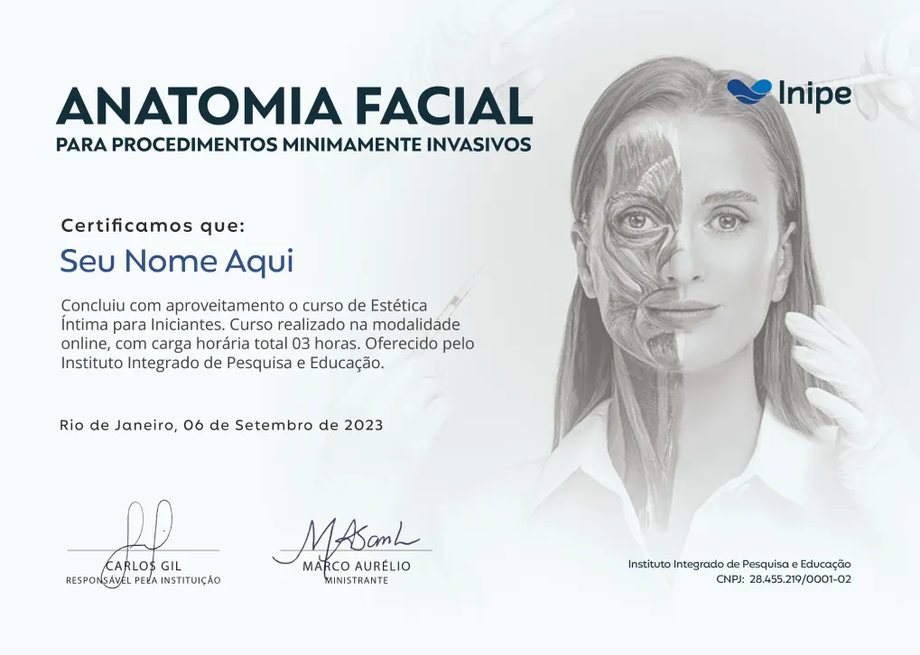 Certificado do Curso online de Anatomia Facial para Procedimentos Minimamente Invasivos da INIPE