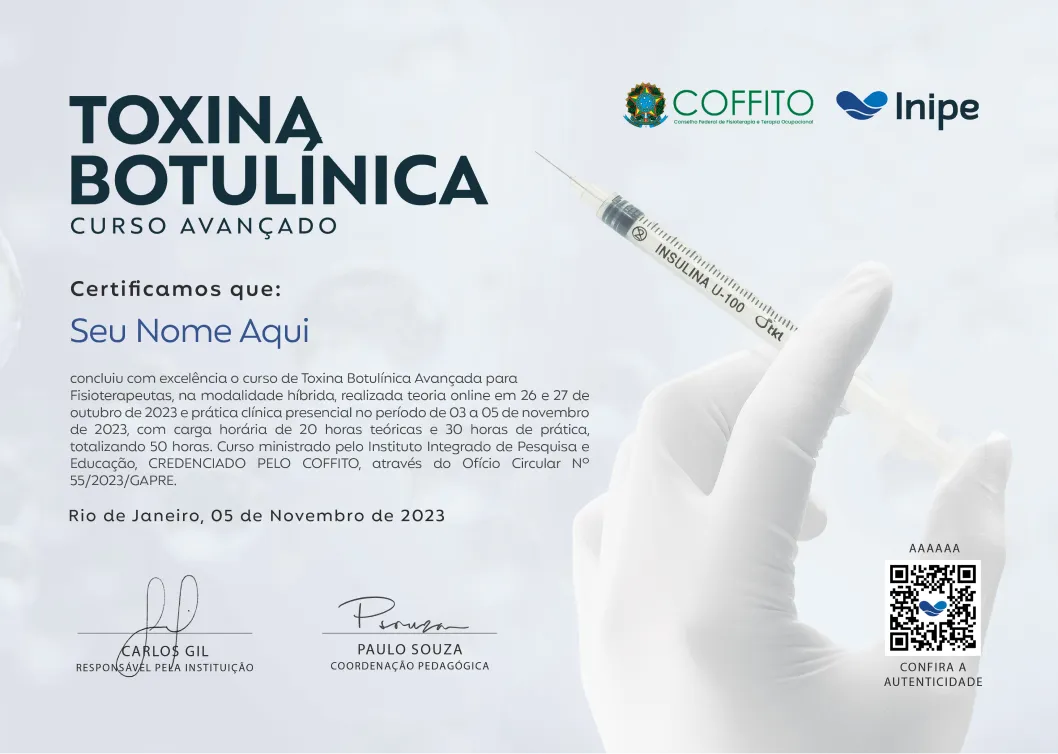 Certificado do curso de Toxina Botulínica para Fisioterapeutas