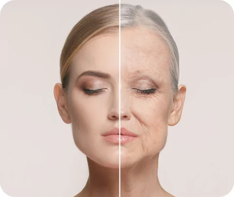 Foto demonstrando dois estágios da pele, um mais envelhecido e outro mais rejuvenecido.