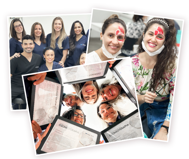 Mosaico de fotos com imagens de atividades da INIPE, como: alunos recebendo certificados; pose de alunos e professores; sessão de maquiagem artística para eventos especiais.